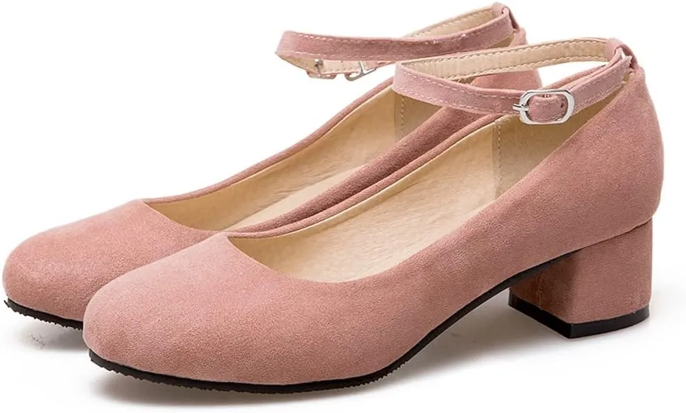 Women's Square Toe Chunky Mid Heel Pumps Suede Pearls Buckle Slip-On Comfort Work Office Dress Shoes