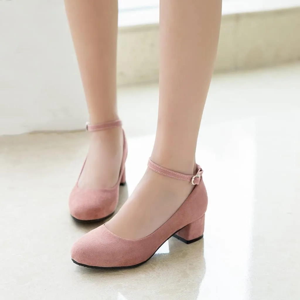 Women's Square Toe Chunky Mid Heel Pumps Suede Pearls Buckle Slip-On Comfort Work Office Dress Shoes