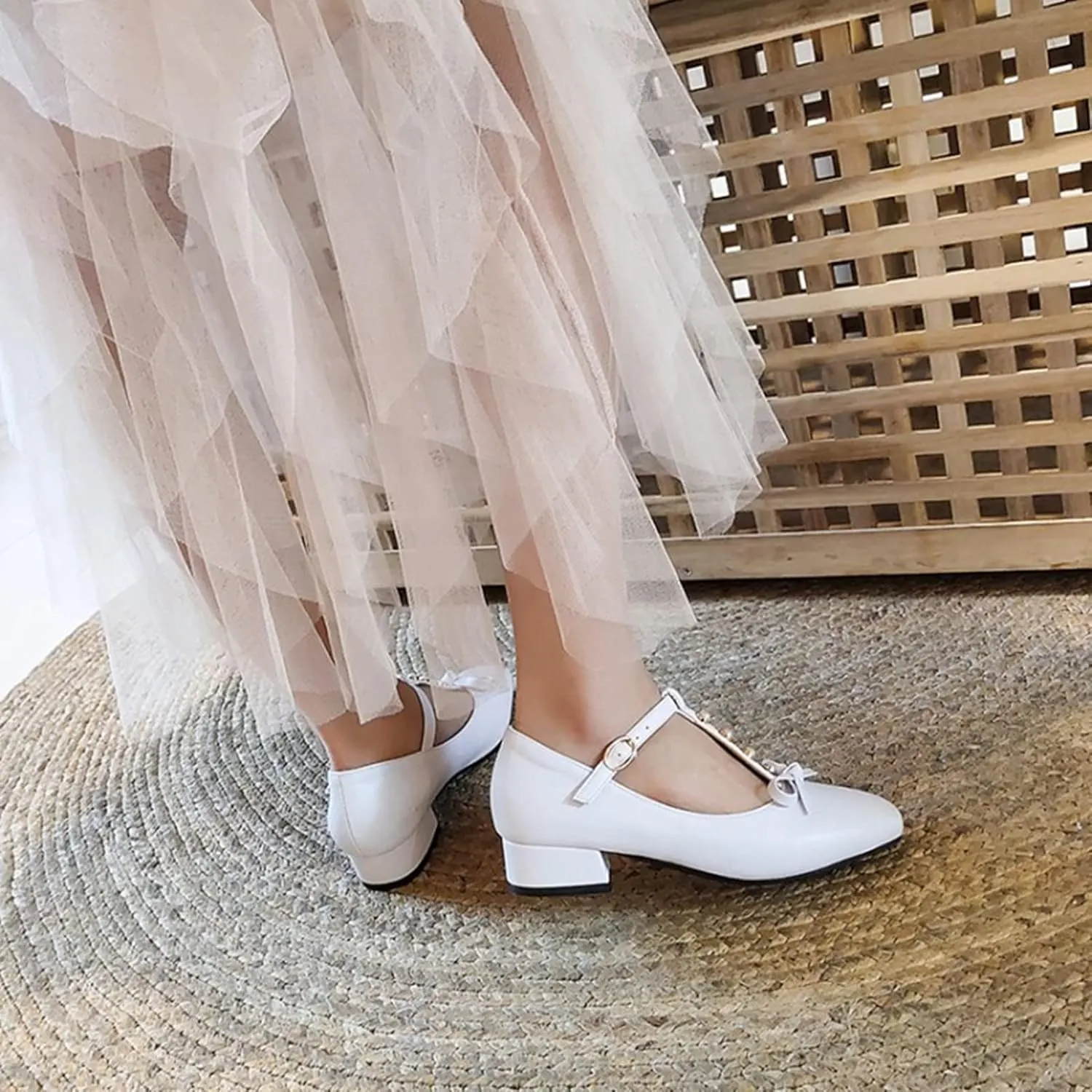 Women's Square Toe Mary Janes Chunky Low Heel Pumps Ankle T-Strap Pearl Bow Comfortable Dress Shoes