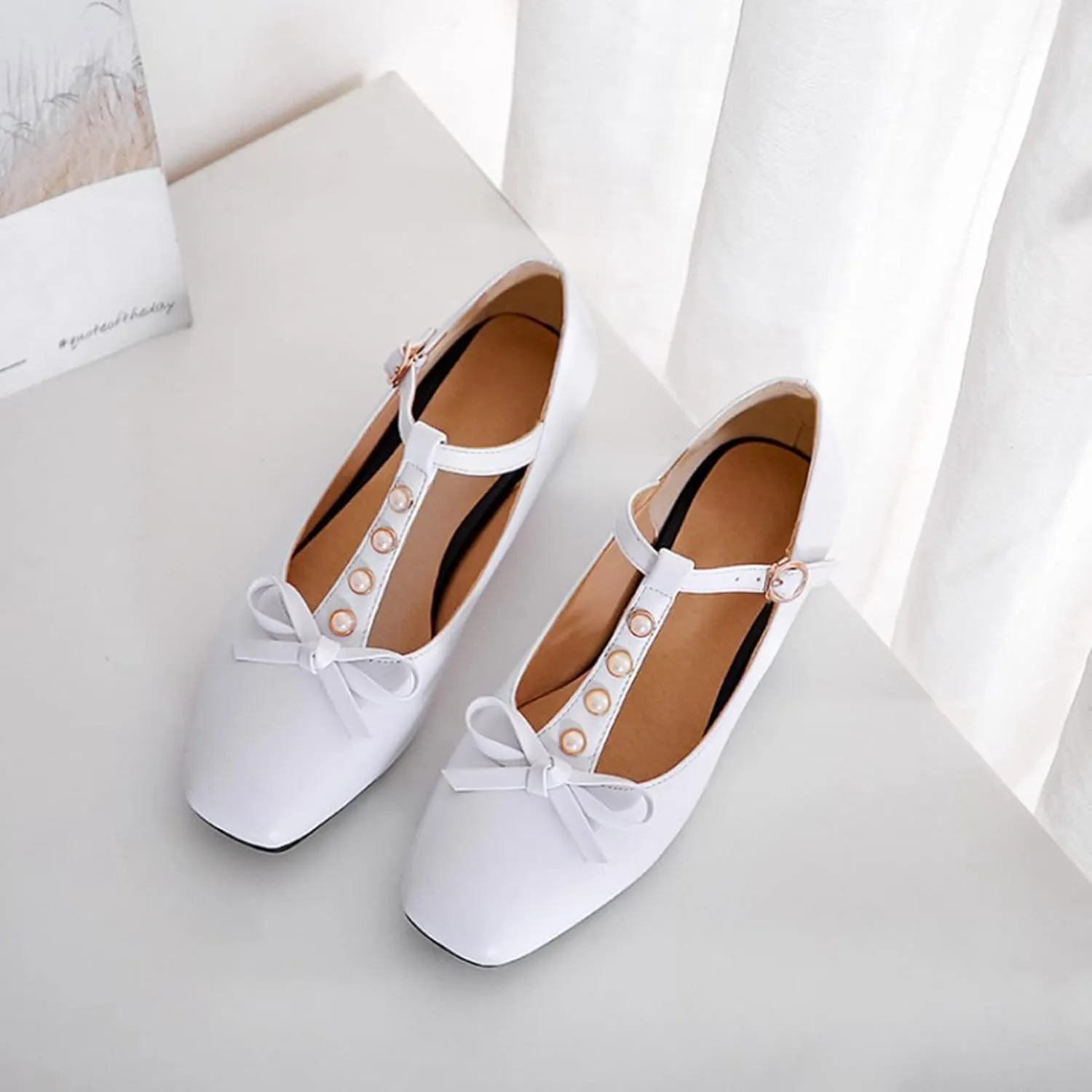 Women's Square Toe Mary Janes Chunky Low Heel Pumps Ankle T-Strap Pearl Bow Comfortable Dress Shoes