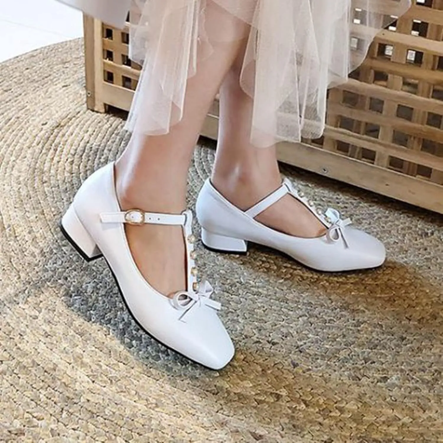Women's Square Toe Mary Janes Chunky Low Heel Pumps Ankle T-Strap Pearl Bow Comfortable Dress Shoes