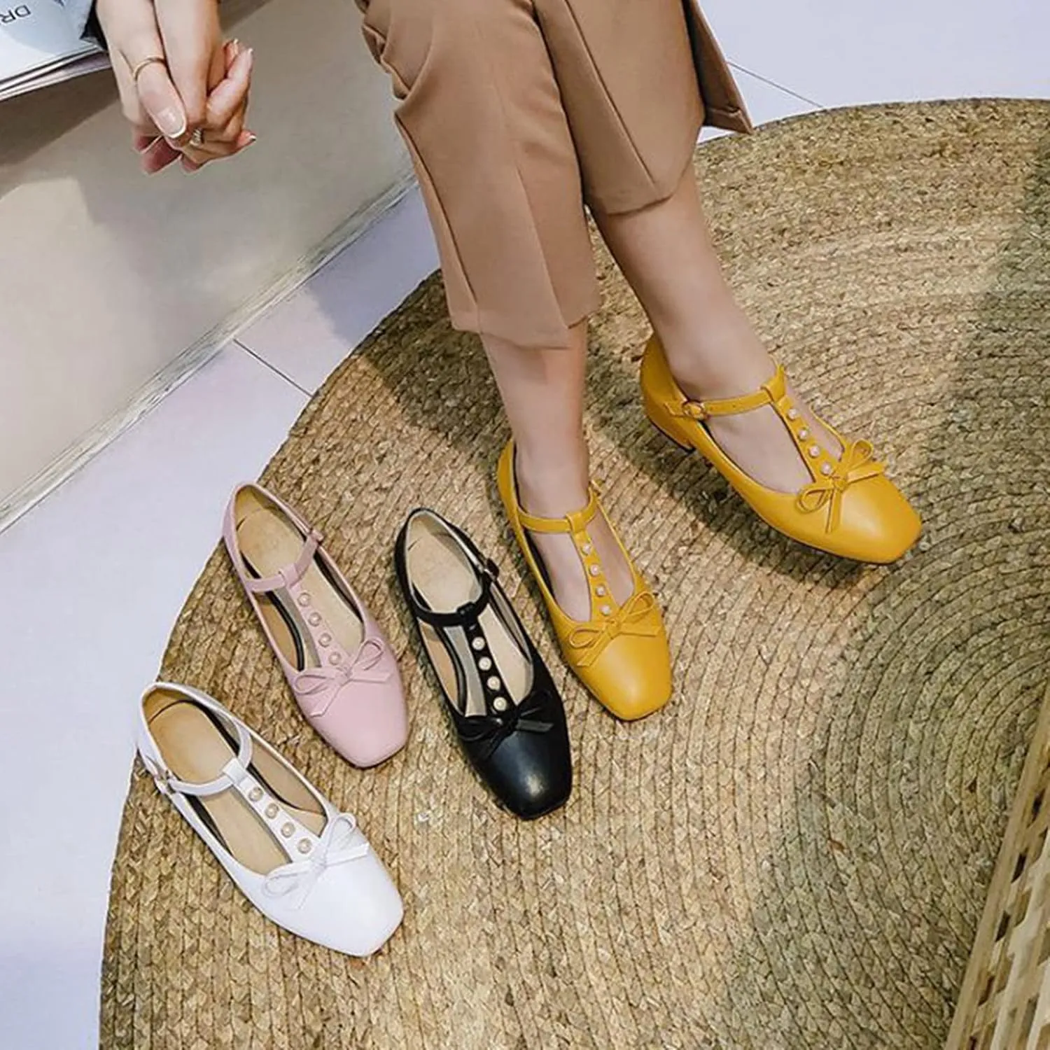 Women's Square Toe Mary Janes Chunky Low Heel Pumps Ankle T-Strap Pearl Bow Comfortable Dress Shoes