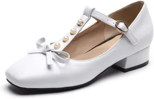 Women's Square Toe Mary Janes Chunky Low Heel Pumps Ankle T-Strap Pearl Bow Comfortable Dress Shoes