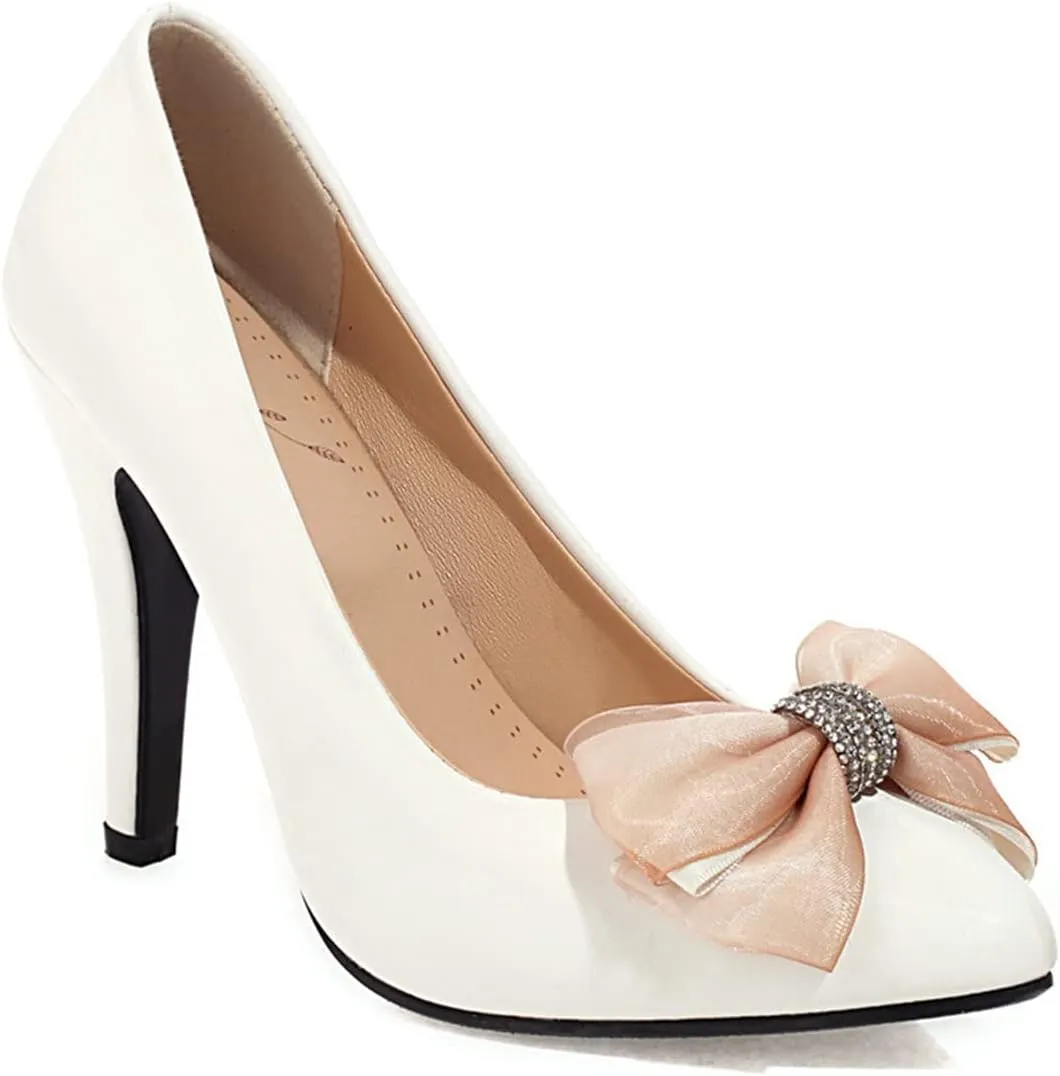 Women's Stiletto Pointed Toe Pumps Classic Party Wedding High Heel Dress Shoes with Rhinestone Bow