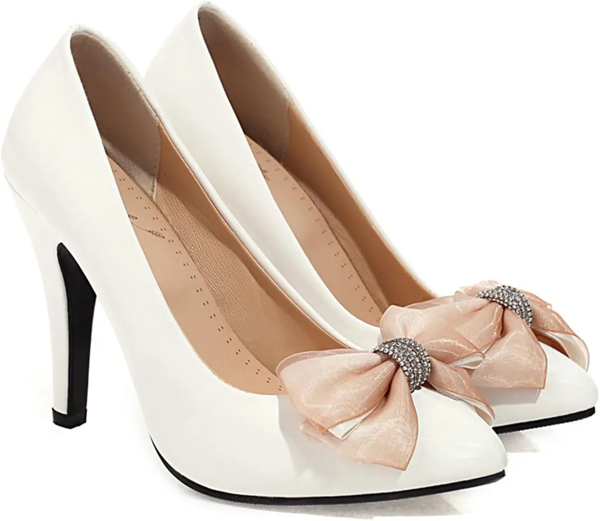 Women's Stiletto Pointed Toe Pumps Classic Party Wedding High Heel Dress Shoes with Rhinestone Bow