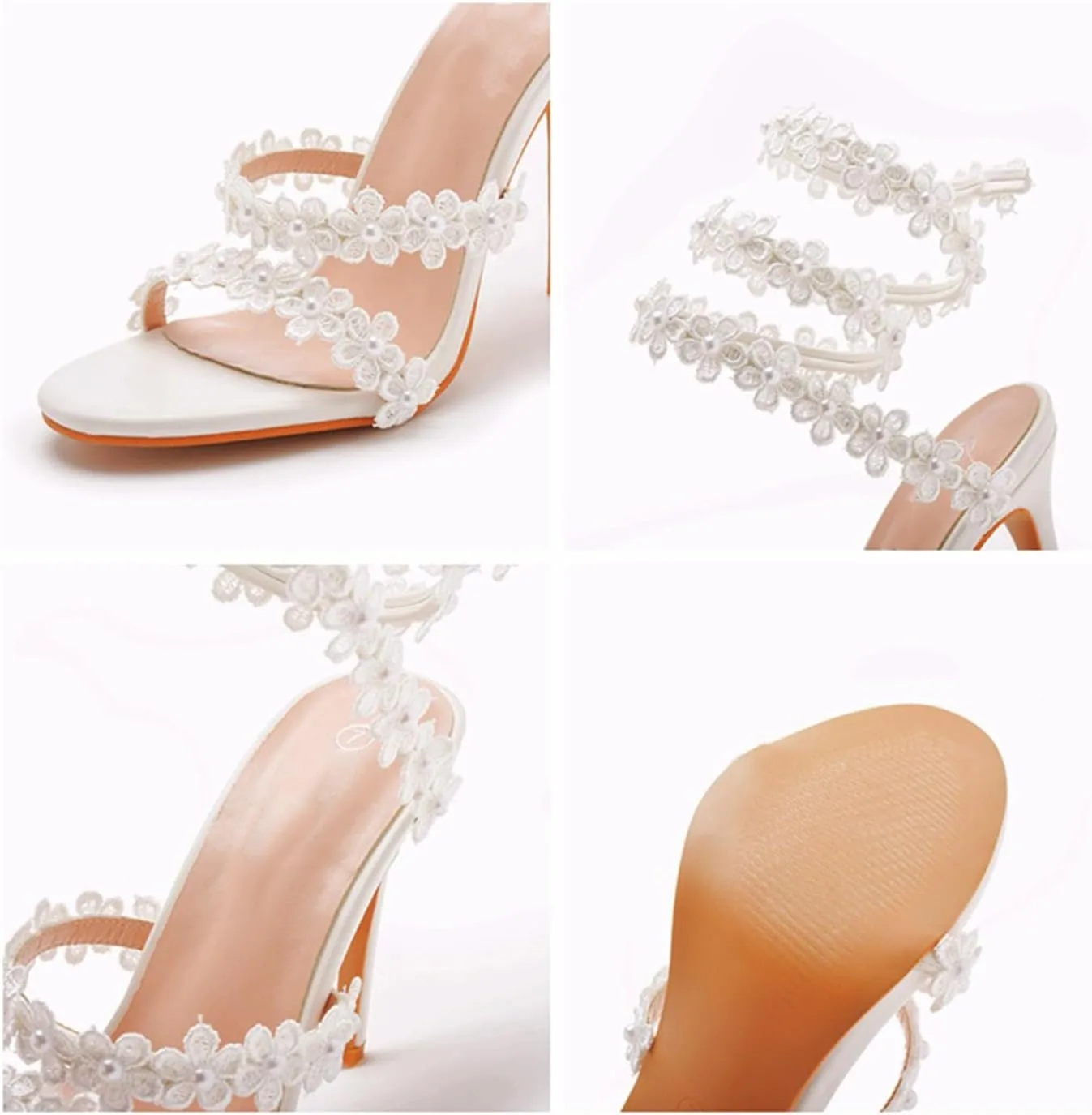 Women's strappy high-heeled sandals white flower sandals women's banquet wedding dress bridal shoes princess sandals