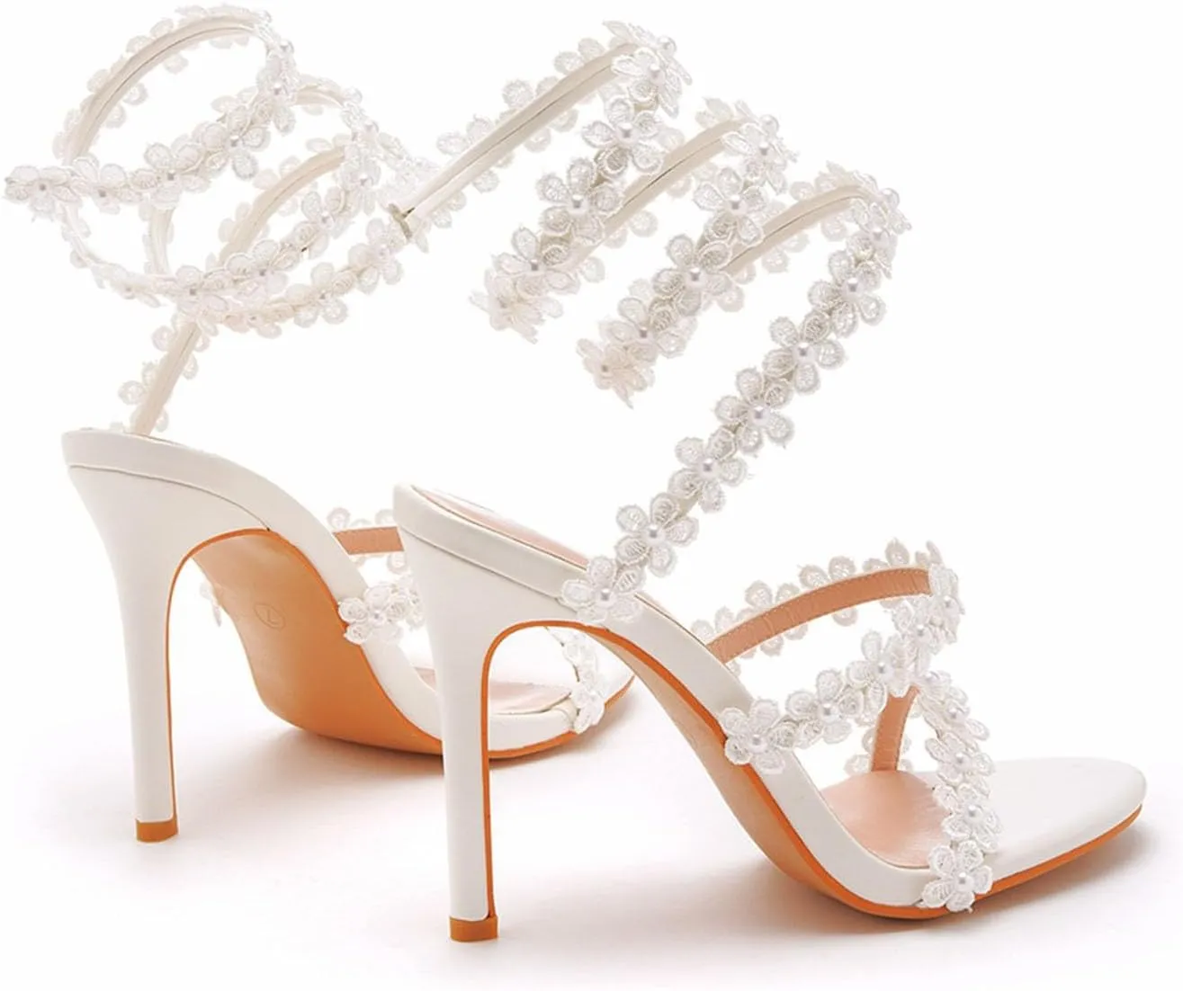 Women's strappy high-heeled sandals white flower sandals women's banquet wedding dress bridal shoes princess sandals