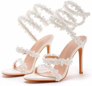 Women's strappy high-heeled sandals white flower sandals women's banquet wedding dress bridal shoes princess sandals