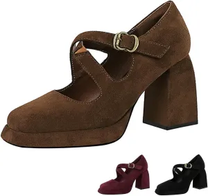 Women's Suede Casual High Chunky Heel Mary Janes Retro Square Closed Toe Adjustable CrossStrap Ankle Buckle Platform Block Heel Dress Pumps Party Work Formal Shoes
