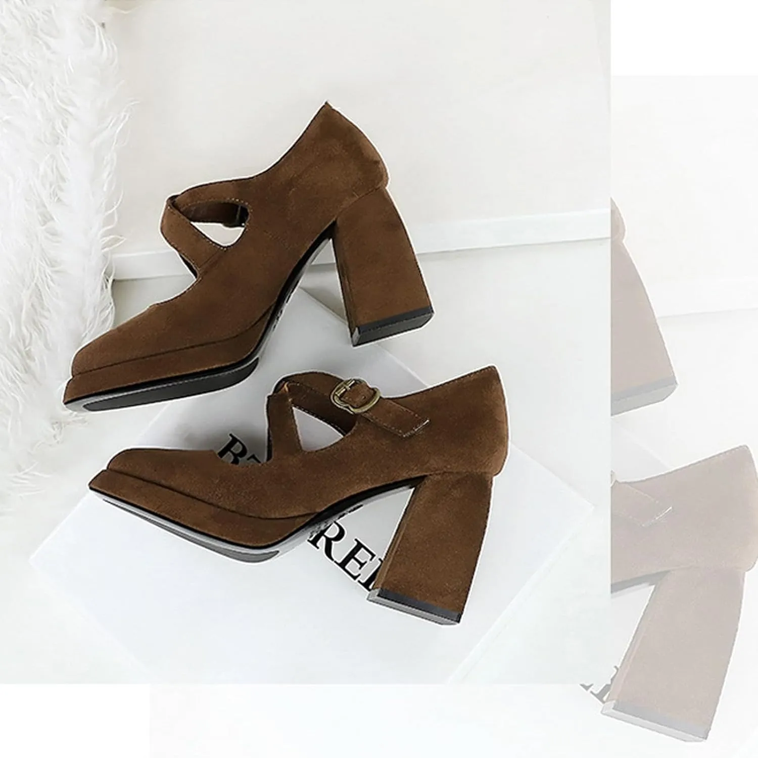 Women's Suede Casual High Chunky Heel Mary Janes Retro Square Closed Toe Adjustable CrossStrap Ankle Buckle Platform Block Heel Dress Pumps Party Work Formal Shoes
