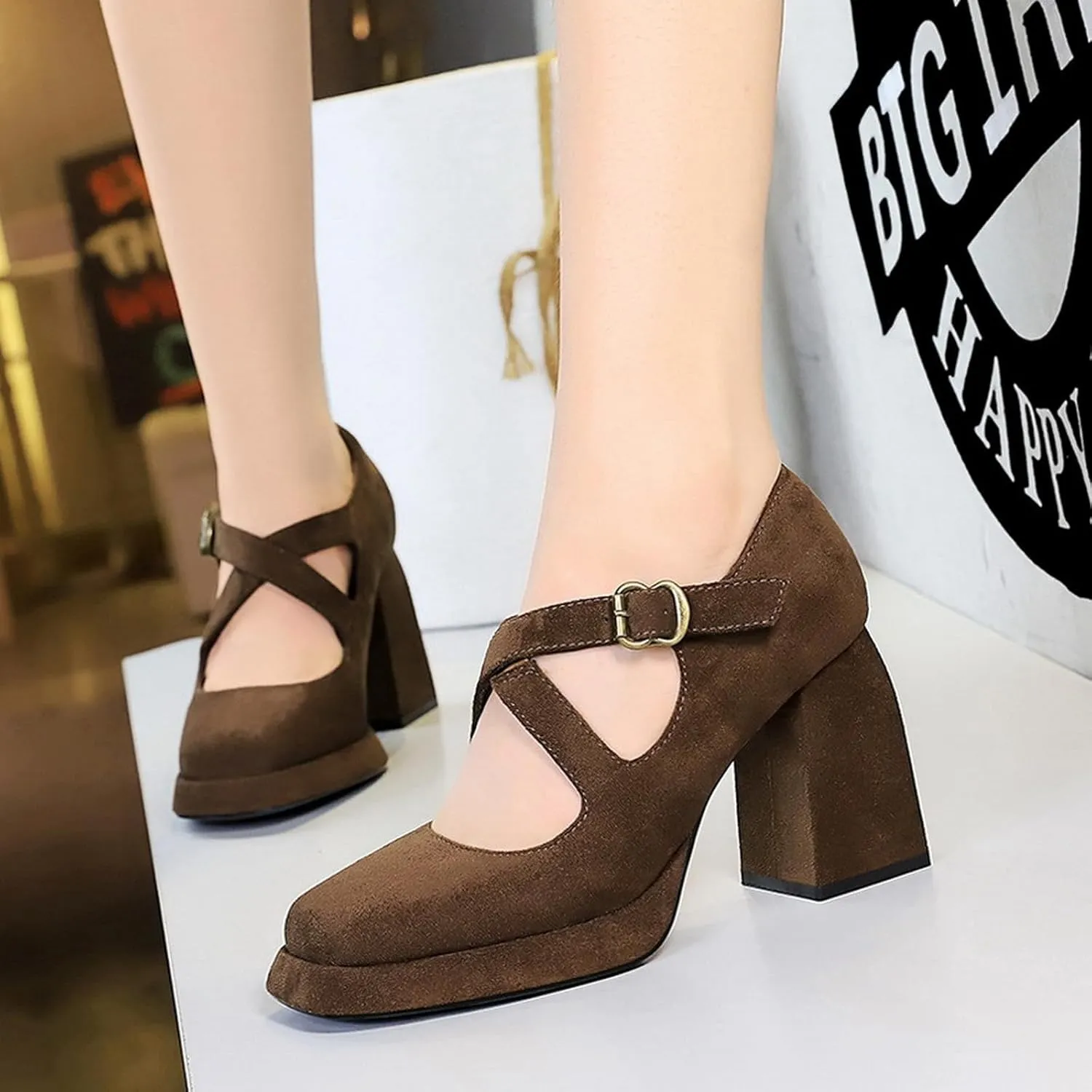 Women's Suede Casual High Chunky Heel Mary Janes Retro Square Closed Toe Adjustable CrossStrap Ankle Buckle Platform Block Heel Dress Pumps Party Work Formal Shoes