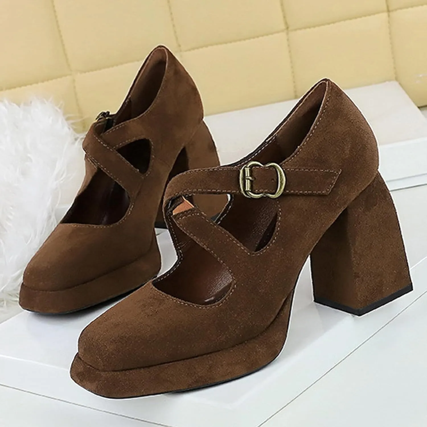 Women's Suede Casual High Chunky Heel Mary Janes Retro Square Closed Toe Adjustable CrossStrap Ankle Buckle Platform Block Heel Dress Pumps Party Work Formal Shoes