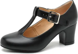 Women's T-Strap Mary Jane Pumps Round Closed Toe Comfortable Low Chunky Block Heel Wedding Dress Evening Party Shoes