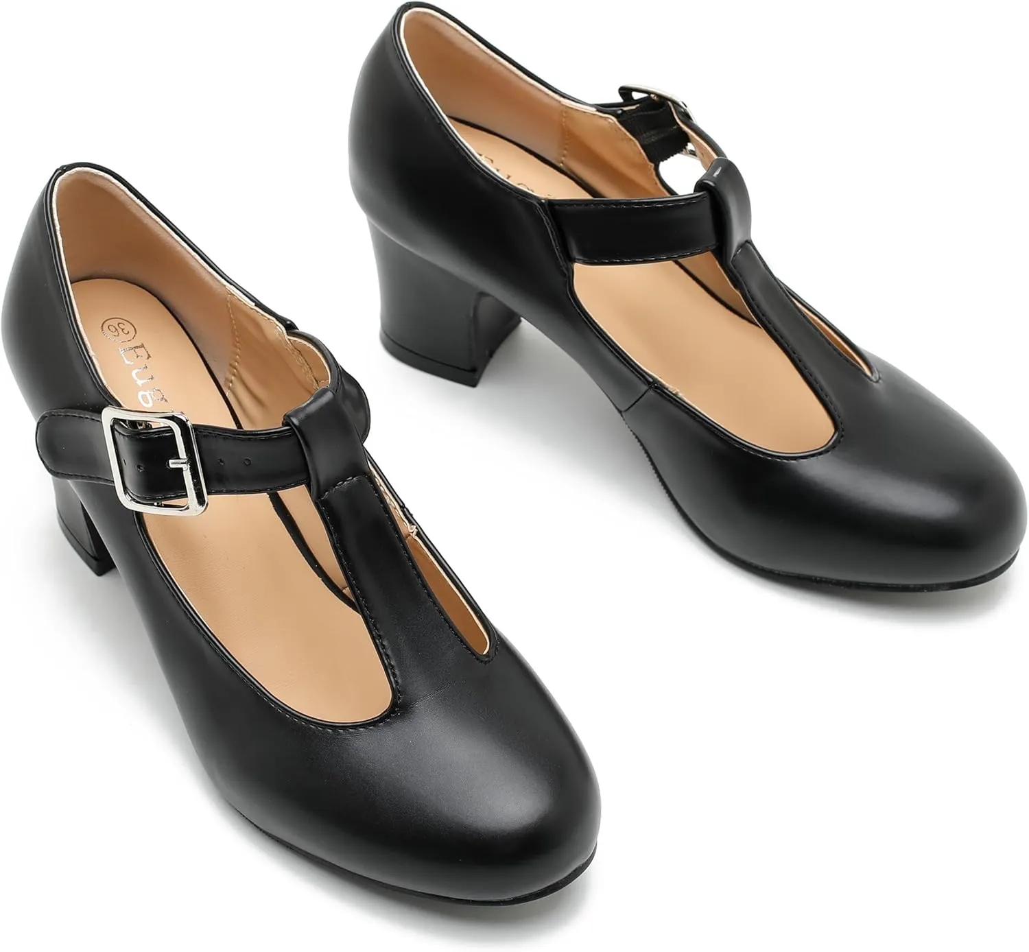 Women's T-Strap Mary Jane Pumps Round Closed Toe Comfortable Low Chunky Block Heel Wedding Dress Evening Party Shoes