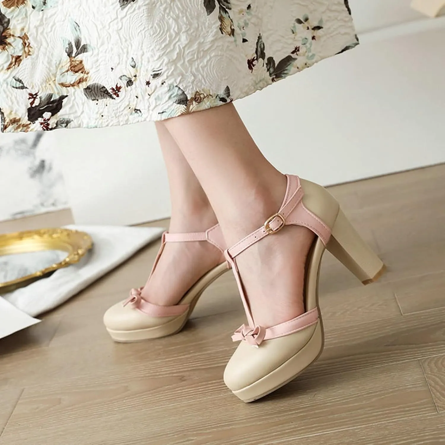 Womens T-Strap Round Toe Pumps Sweet Bowknot Sandals Buckle Platform Chunky High Heel Dress Shoes
