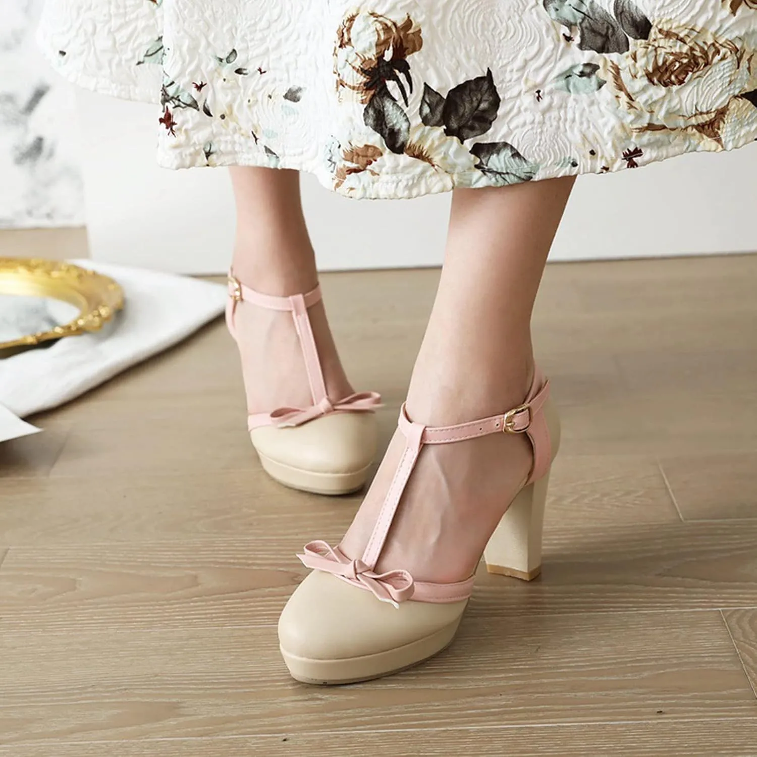 Womens T-Strap Round Toe Pumps Sweet Bowknot Sandals Buckle Platform Chunky High Heel Dress Shoes