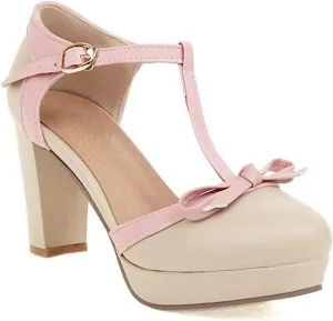 Womens T-Strap Round Toe Pumps Sweet Bowknot Sandals Buckle Platform Chunky High Heel Dress Shoes