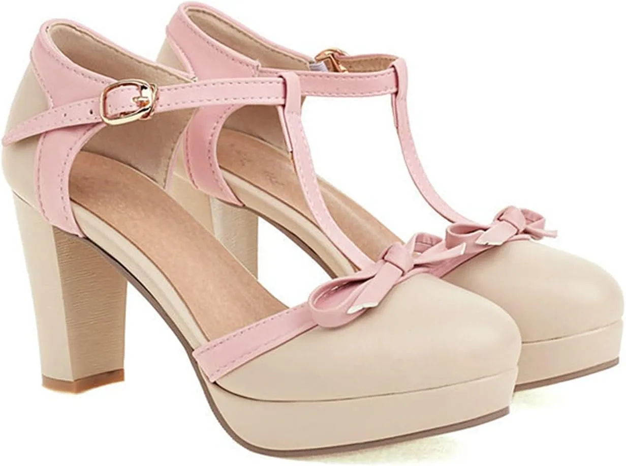 Womens T-Strap Round Toe Pumps Sweet Bowknot Sandals Buckle Platform Chunky High Heel Dress Shoes