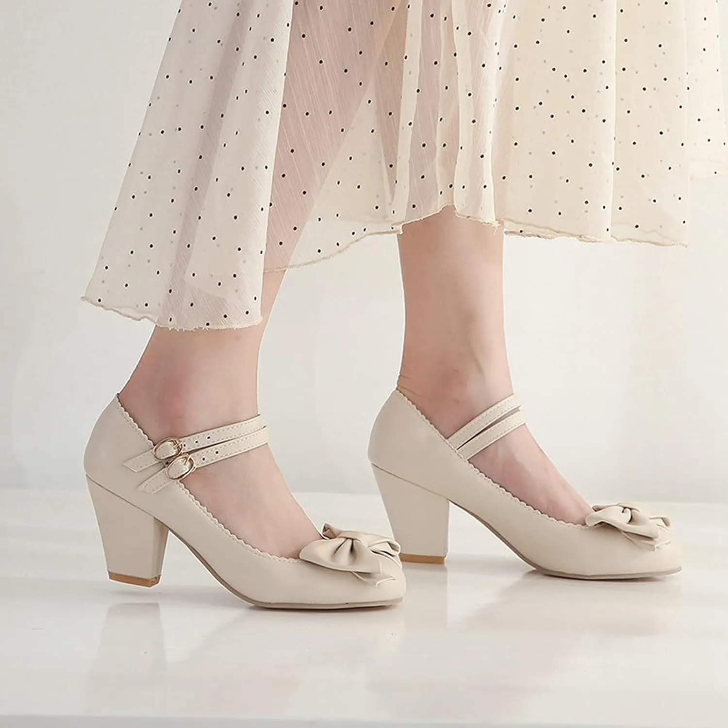 Womens Vintage Ankle Strap Mary Jane Pumps Bowknot Buckle Comfy Block Mid Heel Closed Toe Dress Shoes