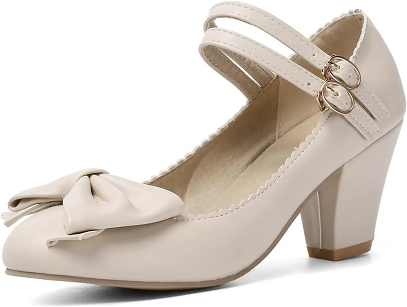 Womens Vintage Ankle Strap Mary Jane Pumps Bowknot Buckle Comfy Block Mid Heel Closed Toe Dress Shoes