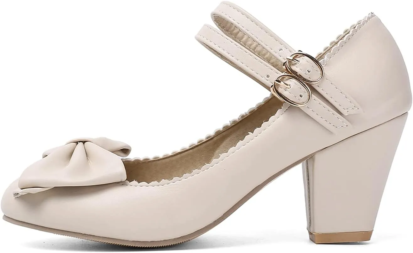 Womens Vintage Ankle Strap Mary Jane Pumps Bowknot Buckle Comfy Block Mid Heel Closed Toe Dress Shoes