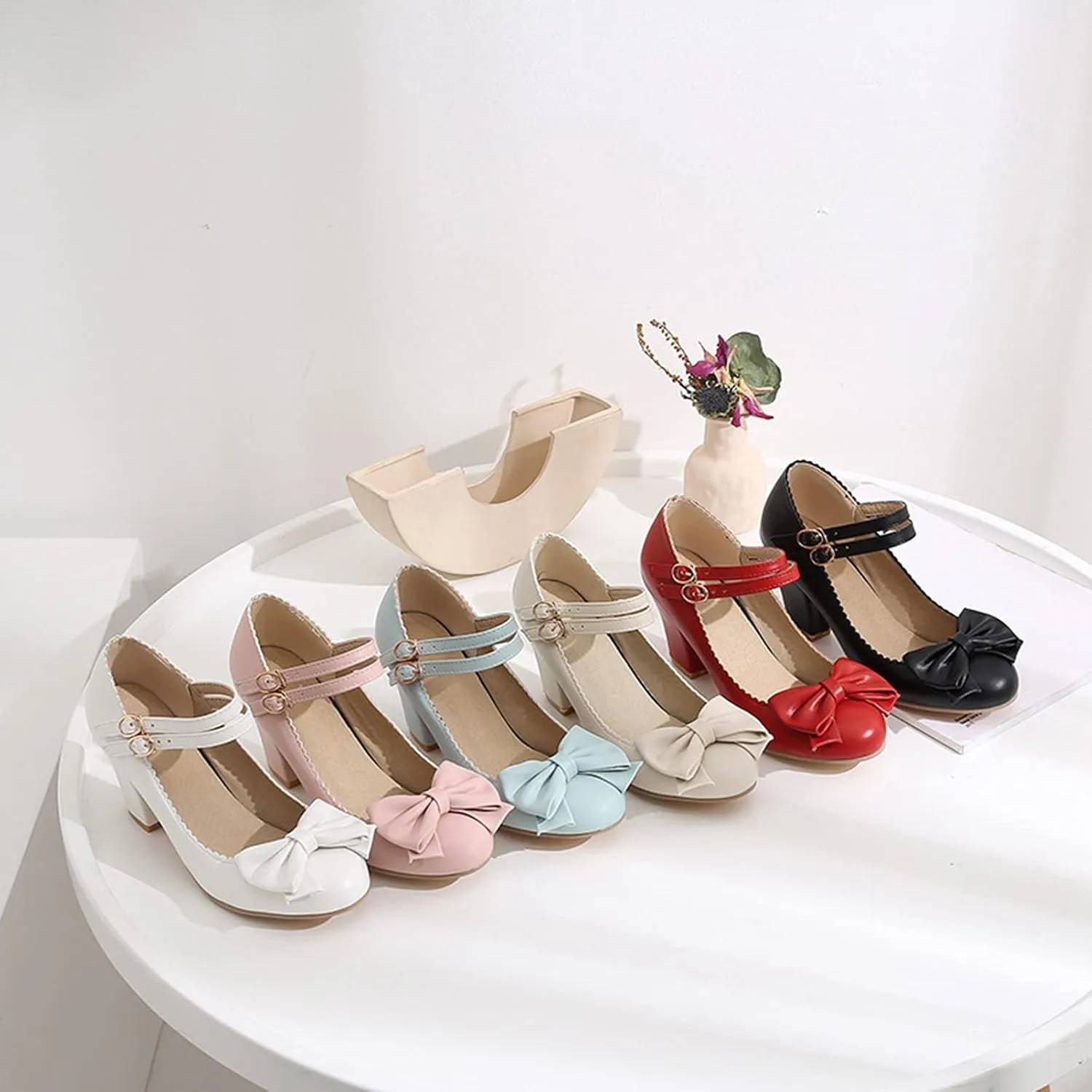 Womens Vintage Ankle Strap Mary Jane Pumps Bowknot Buckle Comfy Block Mid Heel Closed Toe Dress Shoes
