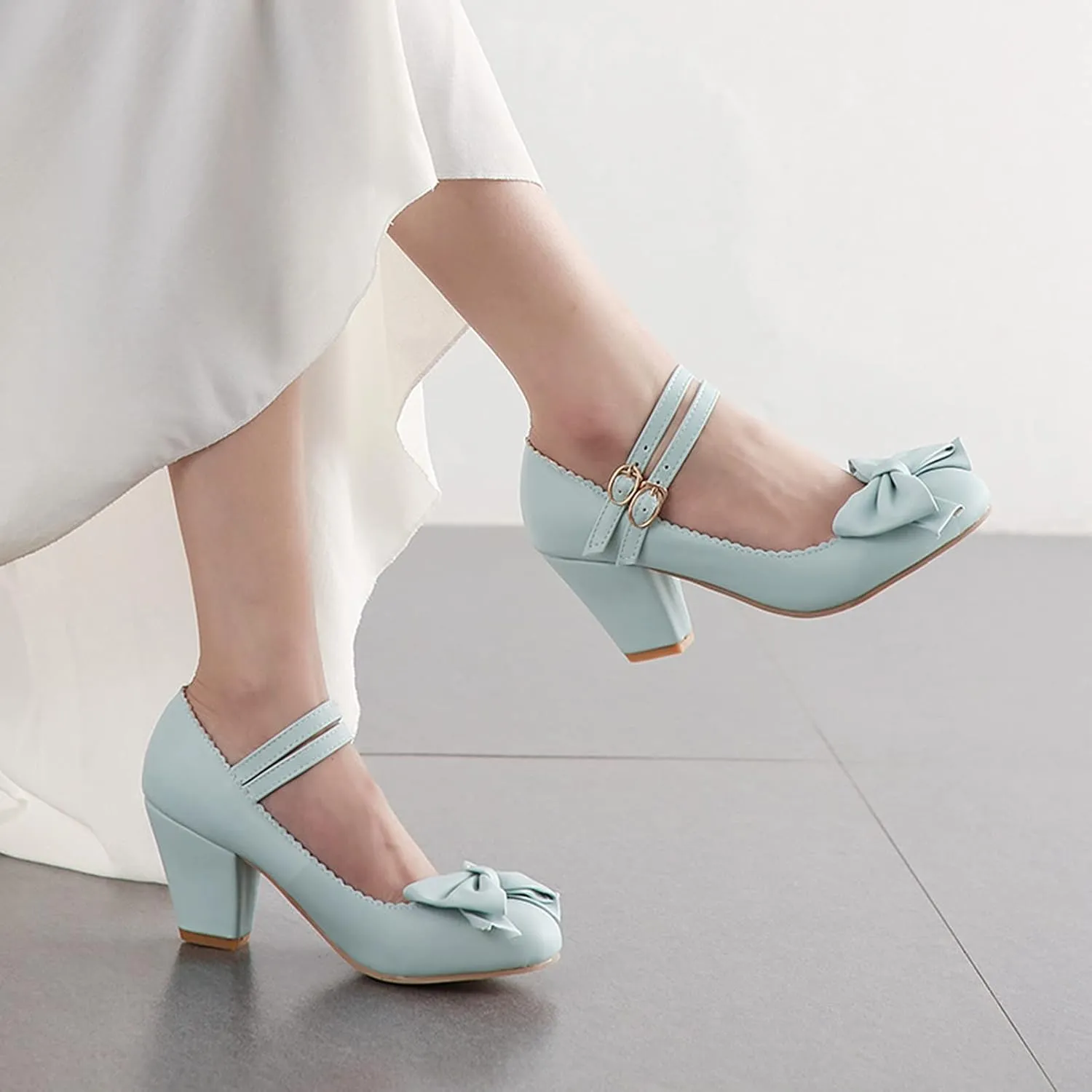 Womens Vintage Ankle Strap Mary Jane Pumps Bowknot Buckle Comfy Block Mid Heel Closed Toe Dress Shoes