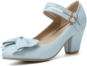 Womens Vintage Ankle Strap Mary Jane Pumps Bowknot Buckle Comfy Block Mid Heel Closed Toe Dress Shoes
