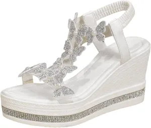 Womens Wedge Sandals High Heel Rhinestone Platform Sandals Fashionable Butterfly Decor Elastic Strap Shoes Soled Open Toe T Strap Thongs Shoes Summer Beach Boho Footwear 2025