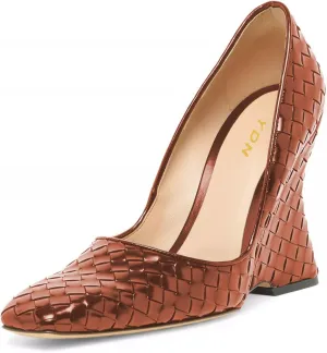 YDN Women Braid Pumps Wedge High Heels Closed Square Toe Slip On Shoes Dressy Business Prom Size 4-16 US