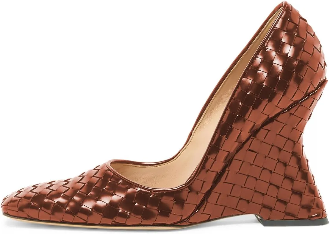 YDN Women Braid Pumps Wedge High Heels Closed Square Toe Slip On Shoes Dressy Business Prom Size 4-16 US