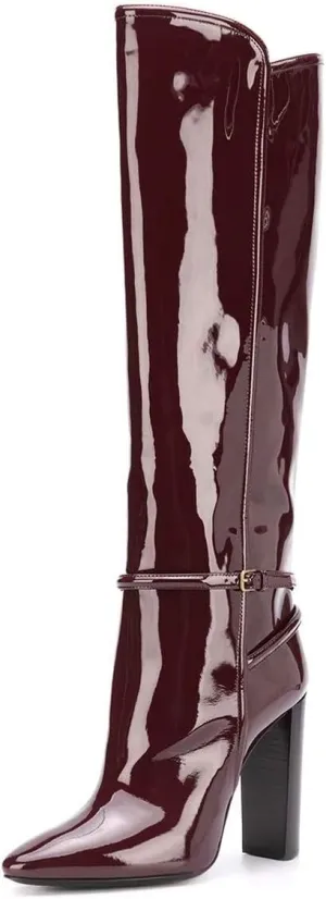 YDN Women Fashion Gloosy Closed Pointed Toe Knee High Boots Stacked Chunky High Heel Wide Calf Pull On Casual Party Dress Winter Shoes with Buckle Ankle Strap Decor Size 4-15 US