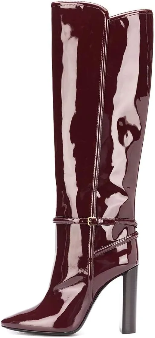 YDN Women Fashion Gloosy Closed Pointed Toe Knee High Boots Stacked Chunky High Heel Wide Calf Pull On Casual Party Dress Winter Shoes with Buckle Ankle Strap Decor Size 4-15 US