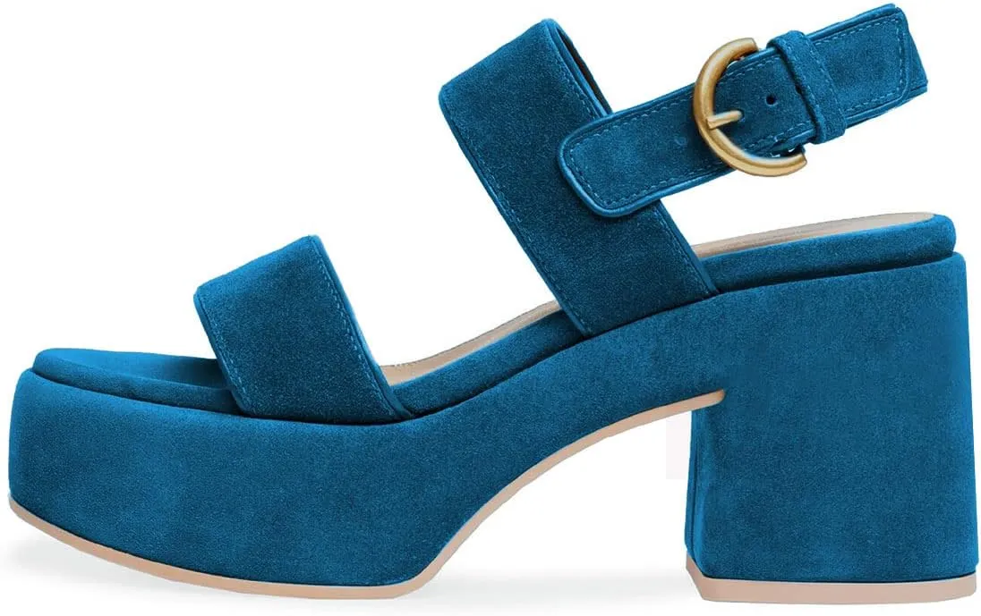 YDN Women Open Toe Double Strap Sandals Platform Block Mid Heels Adjustable Buckle Outfit Casual Shoes Size 4-15 US