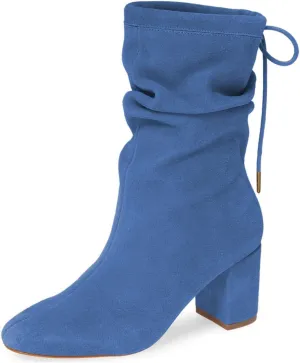 YDN Women Round Toe Mid Calf Boots Lace up Chunky High Heel Western Shoes