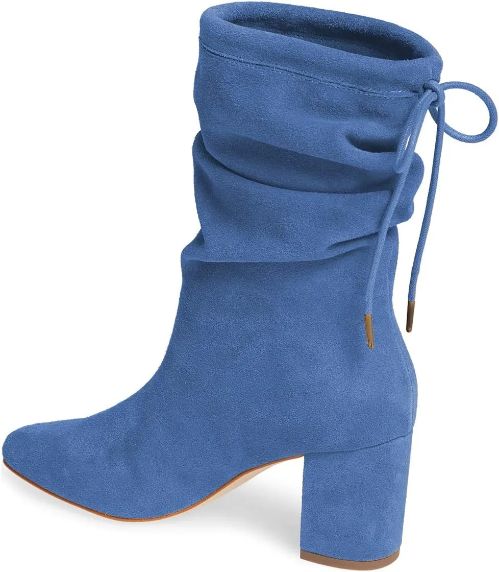 YDN Women Round Toe Mid Calf Boots Lace up Chunky High Heel Western Shoes