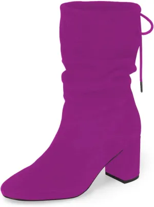 YDN Women Round Toe Mid Calf Boots Lace up Chunky High Heel Western Shoes