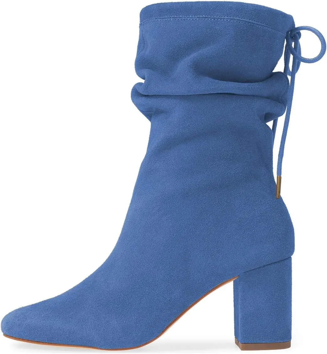 YDN Women Round Toe Mid Calf Boots Lace up Chunky High Heel Western Shoes