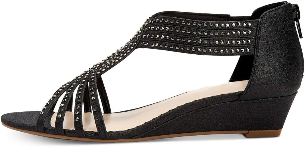 YDN Women Summer Wedge Glitter Sandals Open Toe Rhinestones Cross Over Straps Mid Heels with Back Zippper Holiday Casual Shoe Size 4-15