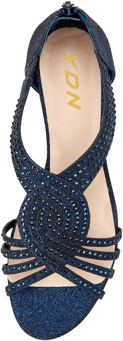 YDN Women Summer Wedge Glitter Sandals Open Toe Rhinestones Cross Over Straps Mid Heels with Back Zippper Holiday Casual Shoe Size 4-15