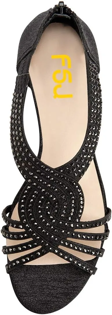 YDN Women Summer Wedge Glitter Sandals Open Toe Rhinestones Cross Over Straps Mid Heels with Back Zippper Holiday Casual Shoe Size 4-15
