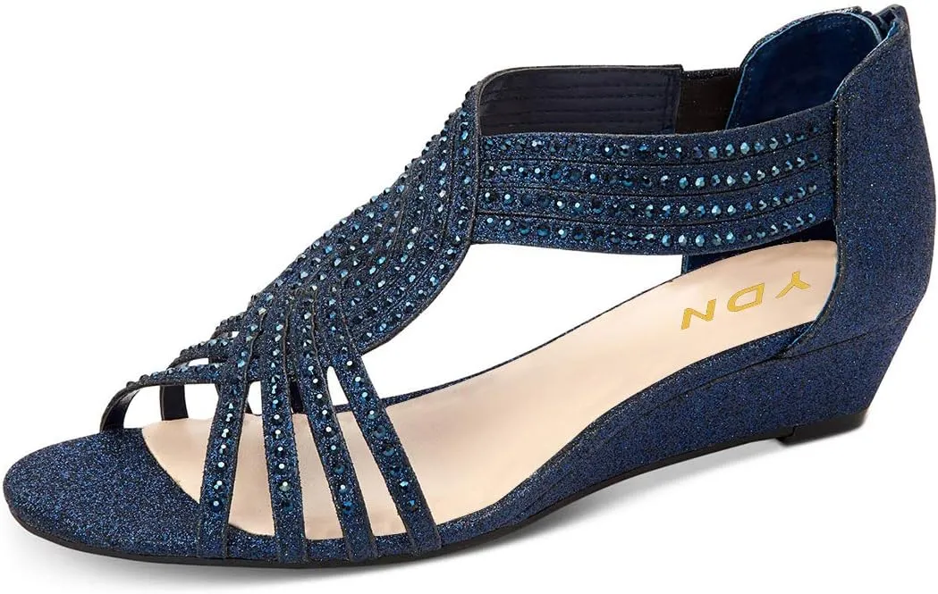 YDN Women Summer Wedge Glitter Sandals Open Toe Rhinestones Cross Over Straps Mid Heels with Back Zippper Holiday Casual Shoe Size 4-15