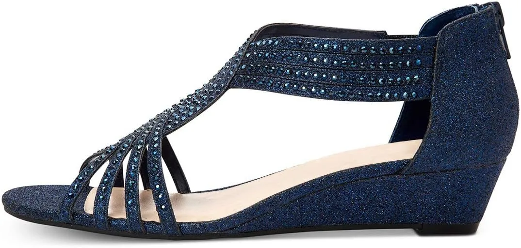 YDN Women Summer Wedge Glitter Sandals Open Toe Rhinestones Cross Over Straps Mid Heels with Back Zippper Holiday Casual Shoe Size 4-15