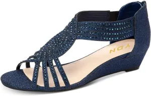 YDN Women Summer Wedge Glitter Sandals Open Toe Rhinestones Cross Over Straps Mid Heels with Back Zippper Holiday Casual Shoe Size 4-15