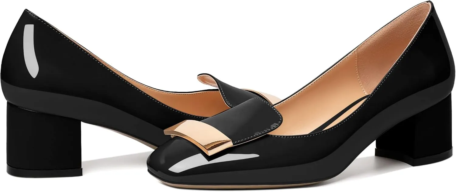 YODEKS Women's Low Block Heels Pumps Square Toe Chunky Heels Slip On 2 Inch Closed Toe Dressy Shoes