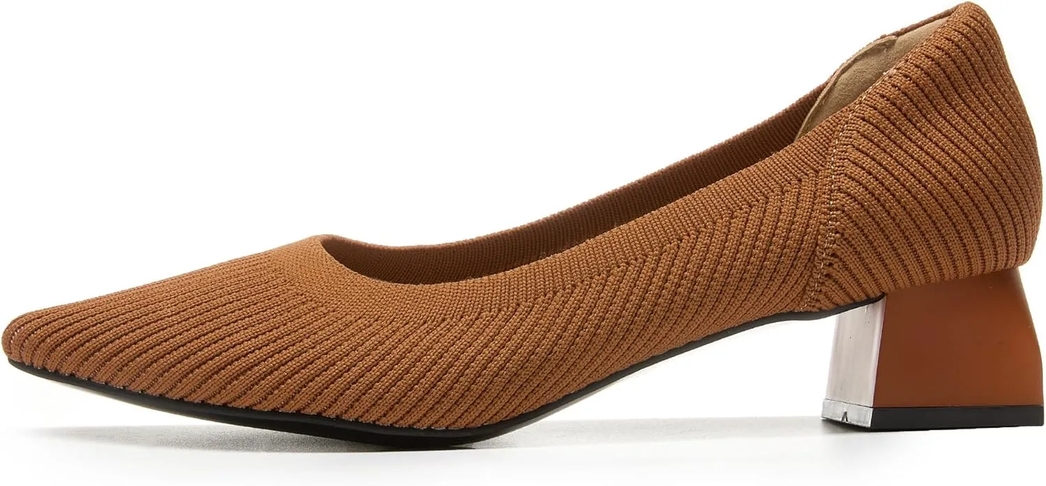 youngshow Women's Pumps Kitten Heels Pointed Toe Knit Slip On Comfortable Casual Formal Dress Shoes