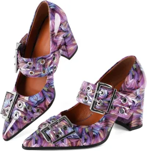 Zamikoo Buckle Shoes for Women Mary Jane Closed Pointed Toe Slip On Chunky Block High Heel Pumps