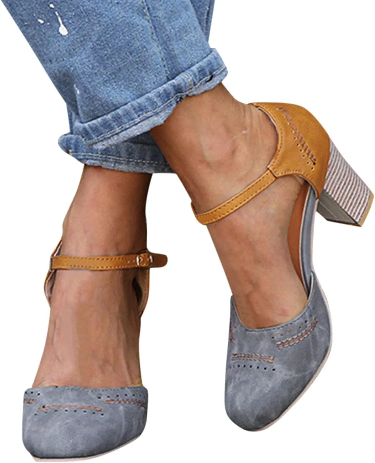 ZBYY Women's Ankle Strap Sandals Summer Close Toe High Chunky Heeled Ankle Strap Buckle Dress Pumps Party Wedding Shoes