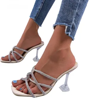 ZBYY Womens Square Open Toe High Heeled Sandal Crisscross Rhinestones Gladiator Sandals Dress Party Summer Shoes
