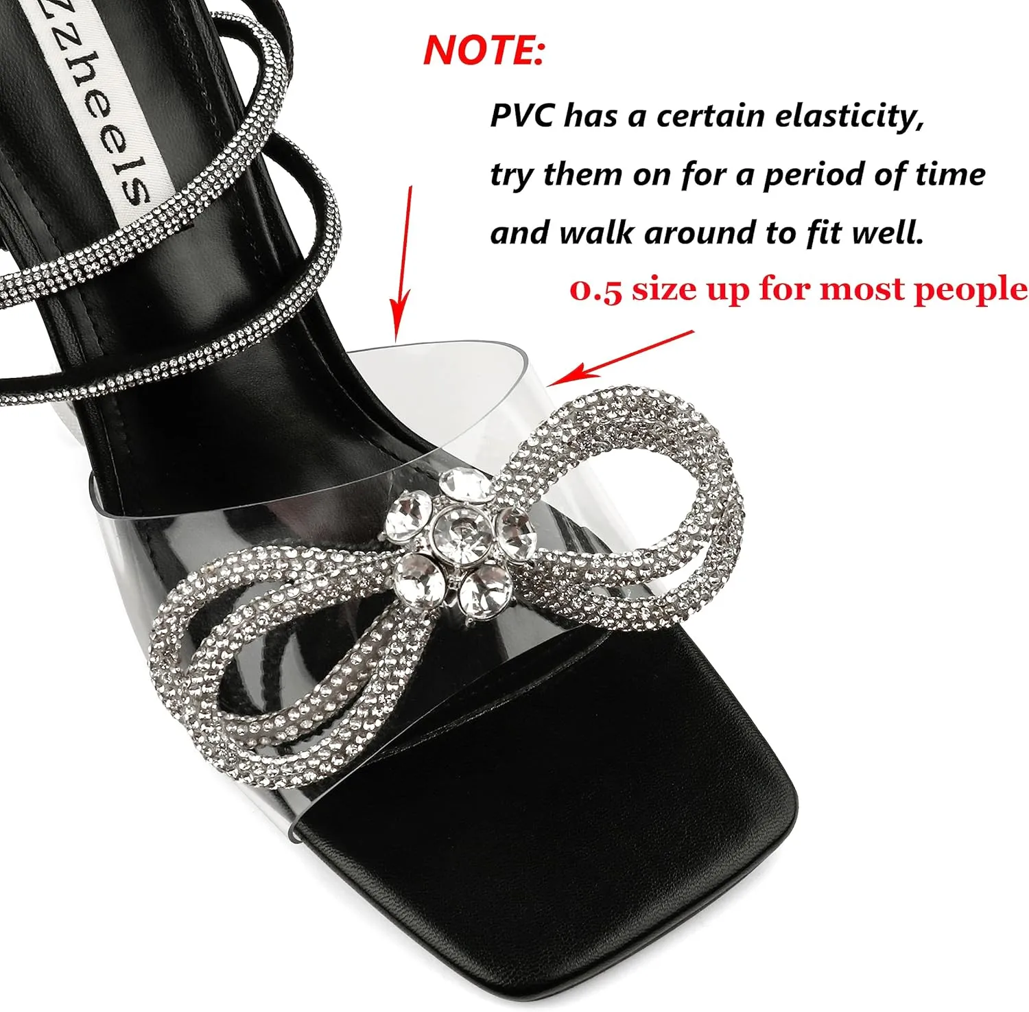 Zzheels Double Bowknots Crystal Sandals Clear Slingback Heels Square Toe Shoes for Party Wedding